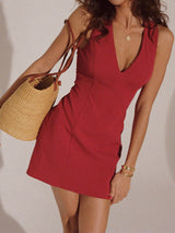 Damen Ärmellos V-Ausschnitt Mini Sommerkleid – Rot