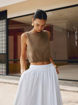 Damen Crop Tanktop aus Baumwollmischung – Ärmelloses Stricktop – Dunkelbraun