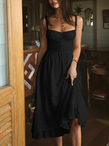 Elegant Ruffle Hem Cami Midi Dress – Sleeveless Summer Sundress – Schwarz
