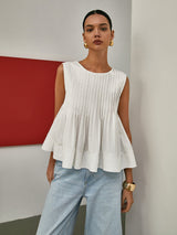 Ärmellose Plissee-Peplum-Bluse – Eleganter Taillenbetonter Look – Weiß