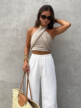Damen Sommer Halter Top aus Leinen-Baumwoll-Mix mit Crisscross-Design – Khaki