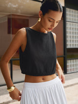 Damen Crop Tanktop aus Baumwollmischung – Ärmelloses Stricktop – Schwarz