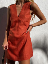 Ärmelloses Baumwoll-Leinen V-Ausschnitt Minikleid – Sommer Casual – Rot