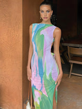 Isla | Ärmelloses Maxi-Kleid mit Wasserfarben-Print – Kunstvolle Eleganz – Rosa