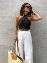 Damen Sommer Halter Top aus Leinen-Baumwoll-Mix mit Crisscross-Design – Schwarz