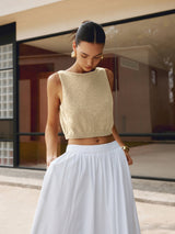 Damen Crop Tanktop aus Baumwollmischung – Ärmelloses Stricktop – Aprikose