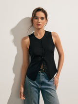Leichtes Leinen-Mix Tanktop – Atmungsaktives Sommerhemd mit Knopfleiste – Schwarz