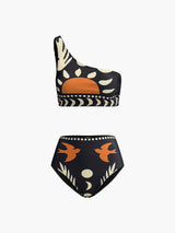Asymmetrisches Bikini-Set mit Vogelprint – Trendiger Sommer-Look – Schwarz