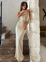 Damen Ärmellos Maxi Party Satin Kleid – Beige