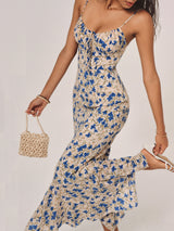 Boho Maxikleid mit Blumenprint & asymmetrischem Saum – Sommerkleid – Blau