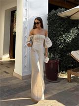 Atmungsaktiver Leinen-Mix Jumpsuit mit Puffärmeln – Elegante Damenmode – Khaki