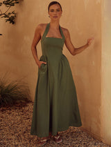 Charlotte | A-Linien Halterneck Maxikleid – Sommerliche Raffinesse – Armee grün
