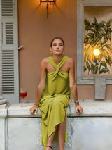 Maxi Sommerkleid mit Neckholder & Beinschlitz – Elegant & Luftig – Grün