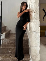 Damen Ärmellos Maxi Party Satin Kleid – Schwarz