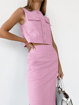 Damen ärmelloses Baumwoll-Rock-Set – Elegantes Zweiteiler-Outfit – Rosa