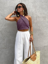 Damen Sommer Halter Top aus Leinen-Baumwoll-Mix mit Crisscross-Design – Lila