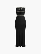 Amelie | Schulterfreies Bouclé-Kleid in Crème mit Kontrastpaspeln – Schwarz
