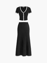 Zweiteiliges Strickset Damen – Kontrastbesatz & Faltenrock – Schwarz