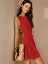 Linen Blend Cutout Mini Dress – Sleeveless O-Ring Summer Dress – Rot