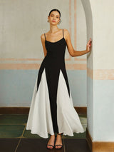 Elegantes Colorblock Spaghettiträger Maxikleid – Leichtes Sommerkleid – Schwarz
