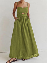 Benedikta | Ärmelloses Maxi-Kleid aus Leinen mit Cut-Out-Detail und Spaghettiträgern – Grün