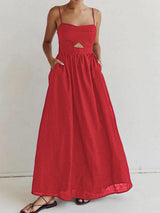 Benedikta | Ärmelloses Maxi-Kleid aus Leinen mit Cut-Out-Detail und Spaghettiträgern – Rot