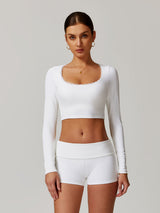 Damen Crop Top mit eckigem Ausschnitt & Rüschen – Slim Fit – Weiß