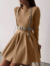Alina | Elegantes Damen Skaterkleid in Crème mit Langarm – Kamel