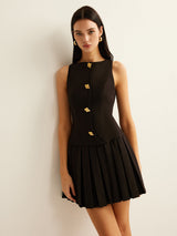 Elegantes Ärmelloses Mini-Kleid mit Falten und Metallknöpfen – Schwarz
