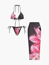 3-teiliges Blumen-Bikini-Set mit Mesh-Rock – Modische Bademode – Schwarz