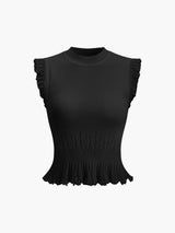 Rippstrick Crop Top mit Rüschen – Beige – Sommer Damen Oberteil – Schwarz