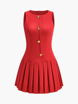 Elegantes Ärmelloses Mini-Kleid mit Falten und Metallknöpfen – Rot