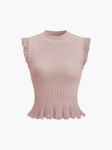 Rippstrick Crop Top mit Rüschen – Beige – Sommer Damen Oberteil – Rosa