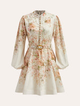 Leinen-Kleid mit Puffärmeln & Blumenmuster – Multicolor