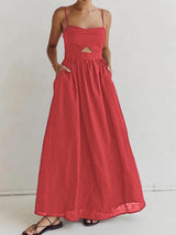 Maxikleid aus Baumwolle mit Cut-Outs und Taschen – ärmellos, elegant – Rot