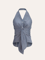 Gestreiftes Neckholder Top Damen – Sommer Crop Top mit V-Ausschnitt – Marineblau