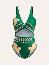 Eleganter Einteiler Badeanzug mit Vogelmuster & schmeichelnden Cutouts – High Waist Bademode – Dunkelgrün