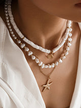 Mehrlagige Perlen- & Muschelkette mit Seestern-Anhänger – Strand-Schmuck – Gold