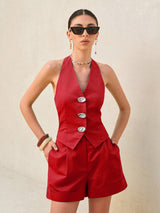 Elegantes Halter-Top & High-Waist Shorts Set – Sommer Co-ord – Rot