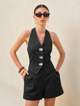 Elegantes Halter-Top & High-Waist Shorts Set – Sommer Co-ord – Schwarz