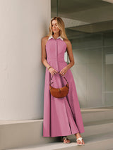 Ärmelloses Maxi-Hemdblusenkleid mit Knöpfen – Rosa