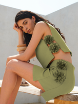 3D-Blumen Rock-Set aus veganem Leder – Sommer Co-Ord Outfit – ArmeeGrün