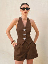 Elegantes Halter-Top & High-Waist Shorts Set – Sommer Co-ord – Dunkelbraun