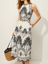 Boho Maxikleid mit Blumenmuster und Cut-Outs – Ärmelloses Sommerkleid – Weiß