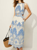 Boho Maxikleid mit Blumenmuster und Cut-Outs – Ärmelloses Sommerkleid – Blau-Weiß