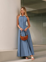 Ärmelloses Maxi-Hemdblusenkleid mit Knöpfen – Marineblau