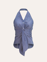 Gestreiftes Neckholder Top Damen – Sommer Crop Top mit V-Ausschnitt – Blau