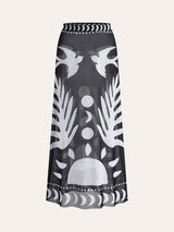 Luftiger Maxirock mit Vogelprint – Mesh Strand-Cover-Up – Schwarzweiß