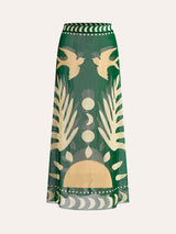 Luftiger Maxirock mit Vogelprint – Mesh Strand-Cover-Up – Dunkelgrün