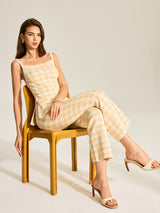 Gingham Zweiteiler aus Leinenmischung – Damen Sommer-Outfit – Hellgelb